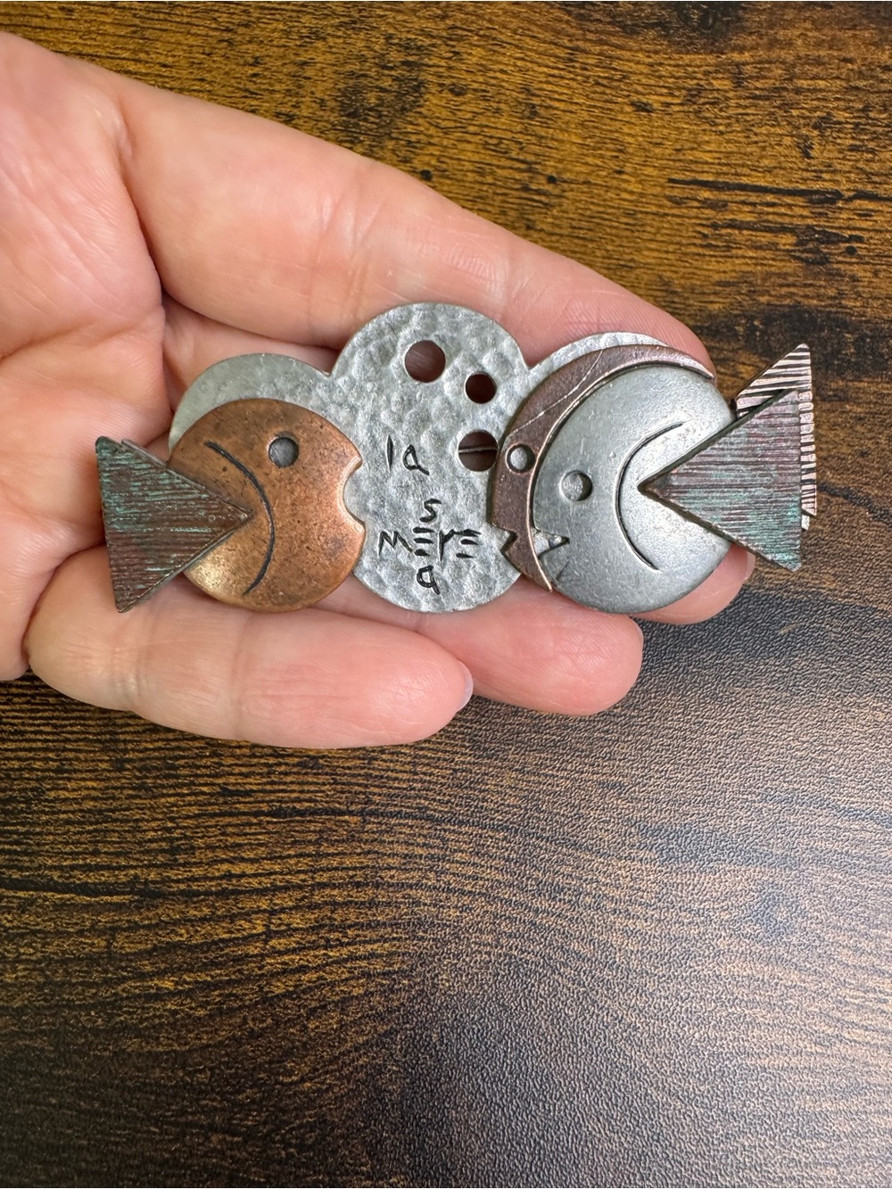 Liz Claiborne Mixed Metal Fish Motif Brooch - Silver and Copper Tones